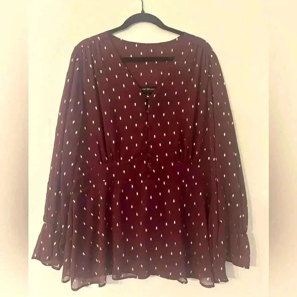 Lane Bryant Foil-Dot Button-Front Peplum Top in Winetasting size 18